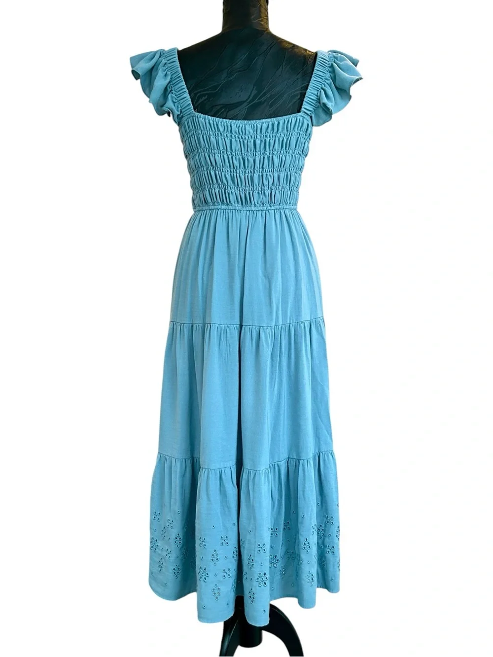 CottageCore - Romantic - Feminine Blue Smocked Tiered Ruffled Tea-length Dress L - Picture 6 of 6